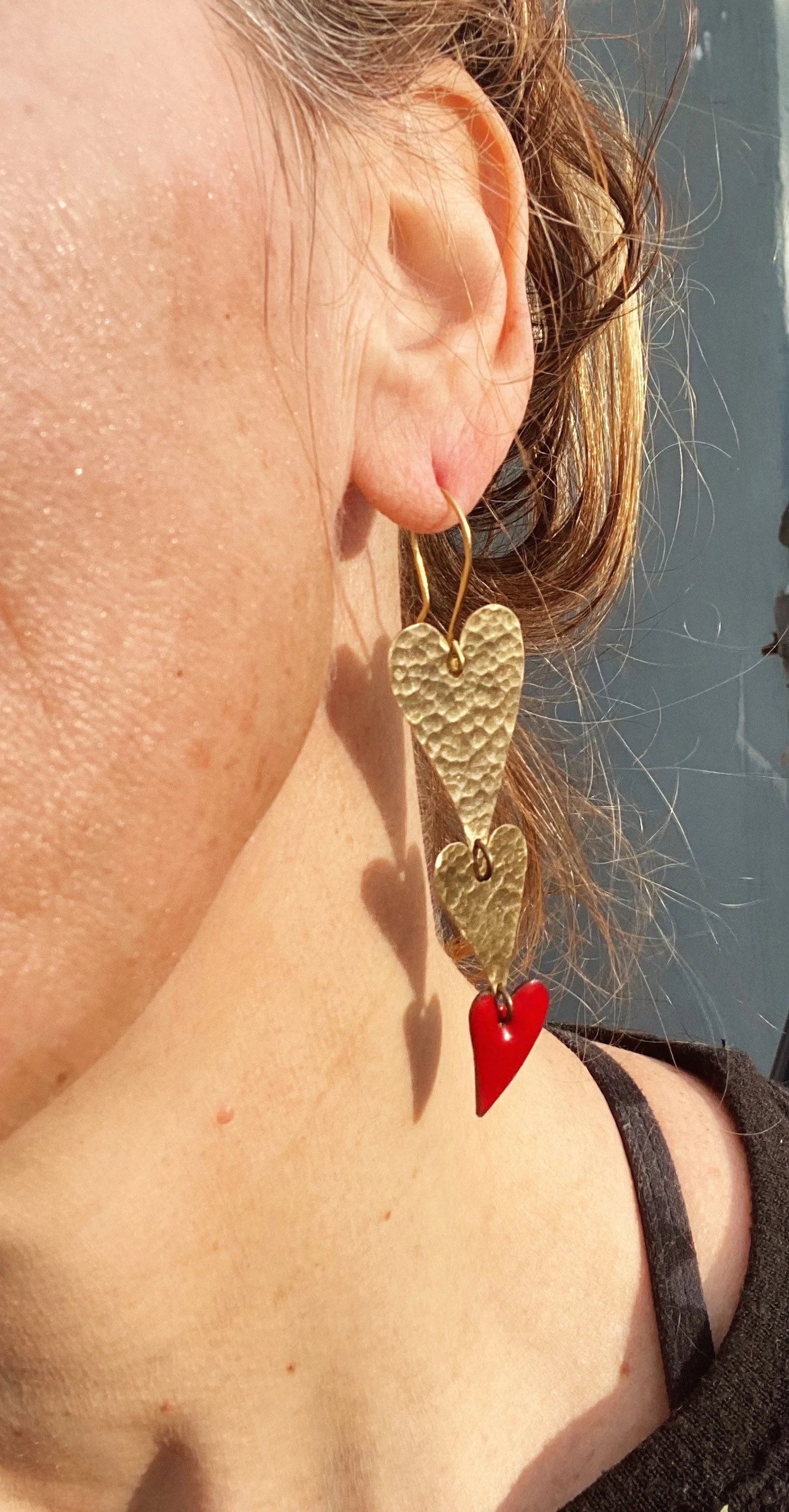 Heart drop earrings in brass with a pop of color!