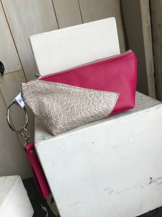 square bottom clutch fuchsia and bone